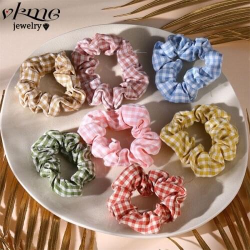 VKME 7 colors Elastic Hair Bands Headdress Fresh Plaid Chiffon big hair rope fashion hairband female hair accessories wholesale