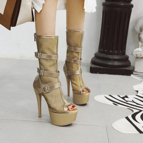 QPLYXCO Women Sandals Sexy Fashion Platform Designer Thin High Heels14cm zip Summer Cool mesh Boots Pumps Big size 48 W-3