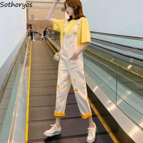 Women Jumpsuits Denim Ankle-length Holes Vintage Ripped Fashionable All-match Korean Style Elegant Kawaii Students Overalls Chic