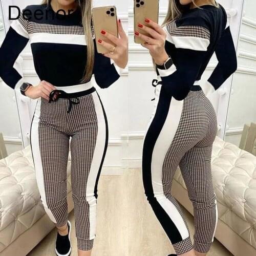 Deenor Women Sets Colorblock Plaid Striped Short/long Sleeve Tape Top & Drawstring Pants Set Casual Basic Women Two Piece Set