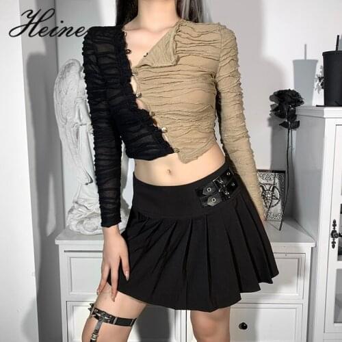 Heinene Gothic Sexy Black Jacquard Tops Y2K Harajuku Patchwork Cardigan T Shirt Punk Womens Autumn Long Sleeve Crop Tops Chic