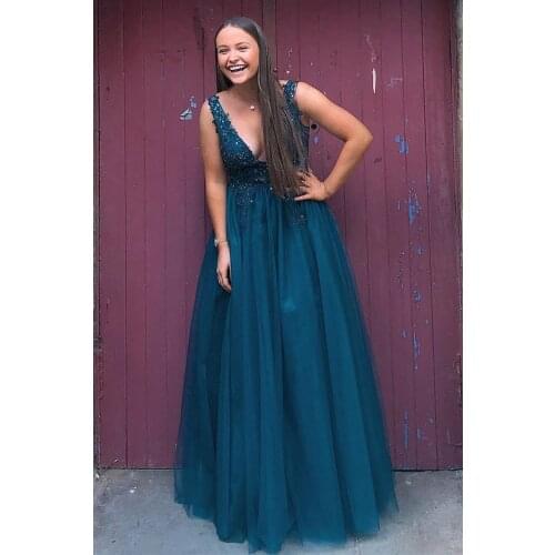 Teal Tulle Appliques Prom Dresses 2021 Double V Neck Beaded Formal Evening Party Gowns A Line Robes De Soirée