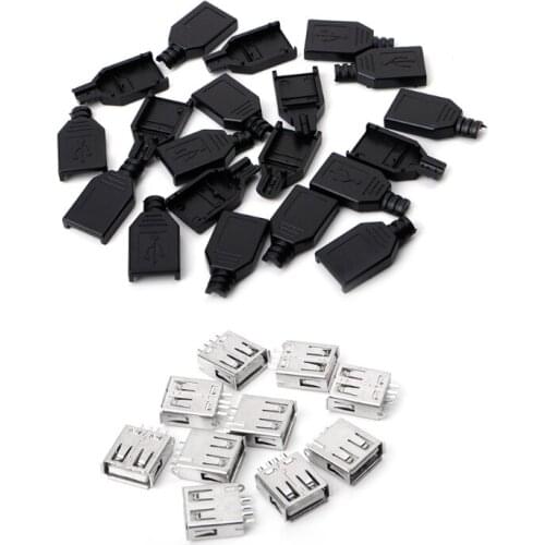 10 Sets Type A Female USB 4 Pin Plug Socket Jack Connector w/Black Plastic Cover DIY