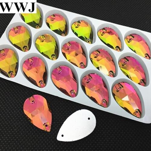 15PCS/LOT 17x28mm Teardrop Sew On Rhinestones Rainbow Color Droplet Sewing Glass Crystals Dress Making