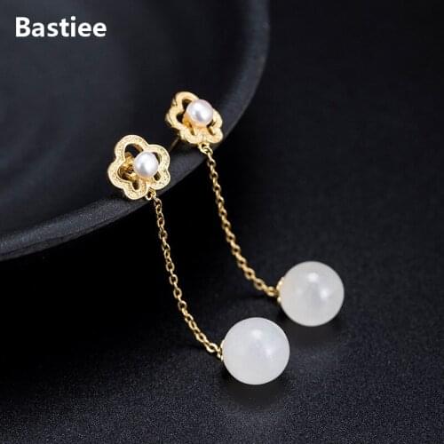 Bastiee Gold Plated Jade Beads Pearl Drop Earrings 925 Sterling Silver Jewelry For Women Earings Vintage Ethnic Luxury Gifts