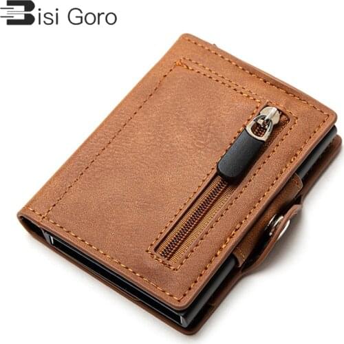 BISI GORO 2021 New Arrival Business Credit Card Holder Button Smart Wallet Coin Zipper RFID Blocking Purse Fashion Black Color