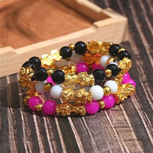 Feng Shui Natural Crystal Colorful Stone Bead Five Pixiu Bracelets Women Charm Lucky Wealth Bracelet Energy Elastic Rope Jewelry