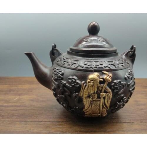 Bronze Taoism Three Gods of Blessing Wealth Longevity Statue Tea ceremony Pot Copper Buddha Figurines Ornaments teapot 1028 G