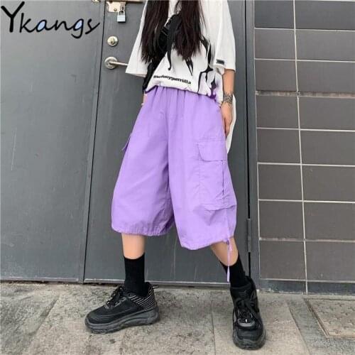 Women Purple Wide Leg Baggy Pants High Waist Harajuku Cargo Pants Women Pockets Streetwear Loose Joggers Plus Size Female Pants