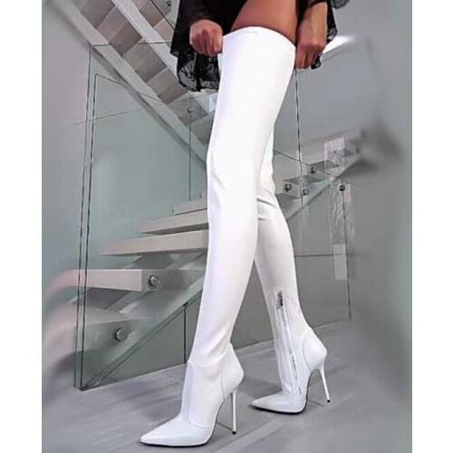 Hot Selling White Leather Over The Knee Tight High Boots Sexy Pointed Toe Side Zipper Women High Boot Plus Size Winter Long Boot