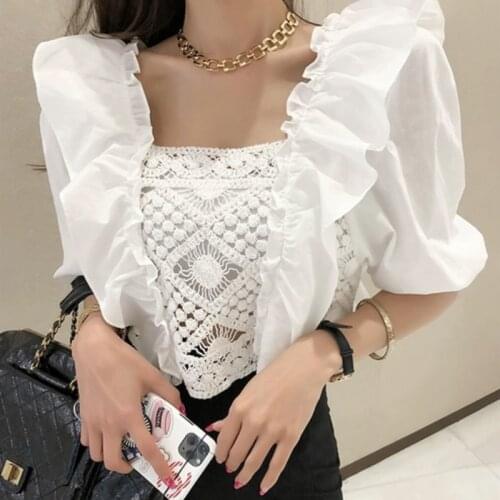 Hzirip Women Shirt 2020 Summer New Lady Blouse Lace Hook Flower Hollow Bubble Sleeves Square Collar Elegant Retro Girl Tops