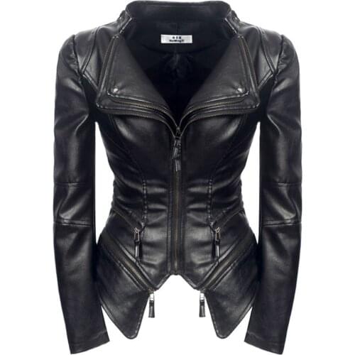 Women Black Fashion Outerwear Faux Leather PU Jacket Gothic Coats 2021 Spring Motorcycle Cool Outwear Young Girl Hight Street