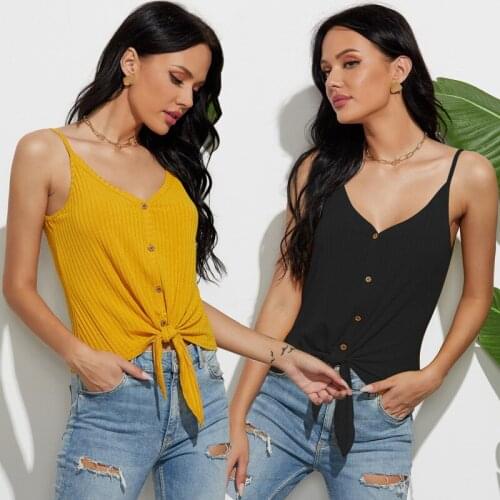 Womens Button Up Camisole Casual Sleeveless V Neck Knot Front Rib Knit Basic Cami Top Tanks Summer Clothes Female Ladies New