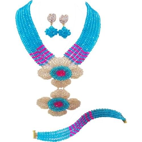 Fashion Lake Blue Fuchsia Pink Nigerian Necklace African Wedding Beads Jewelry Set Crystal Bridal Jewelry Sets 6DHJZ09