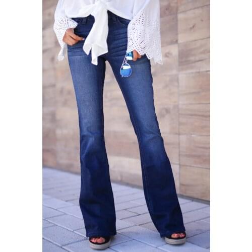 Trendy Dark Blue Denim Pants High Waisted Slim Fit Stretch Flared Denim Pants Women Vintage High Waist Flared Bell Bottom Jeans