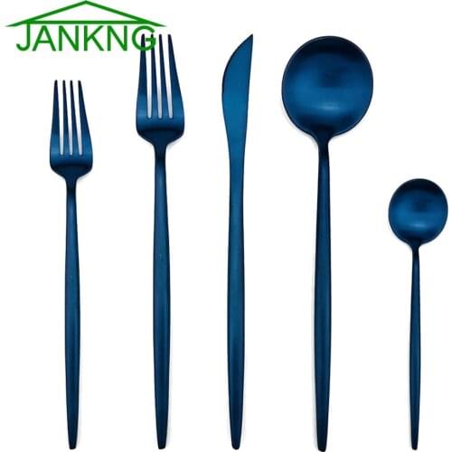 JANKNG 30pcs Rainbow Flatware Dinnerware Set Knife Stainless Steel Korean Black Cutlery Blue Forks Spoons Tableware Dinner Set