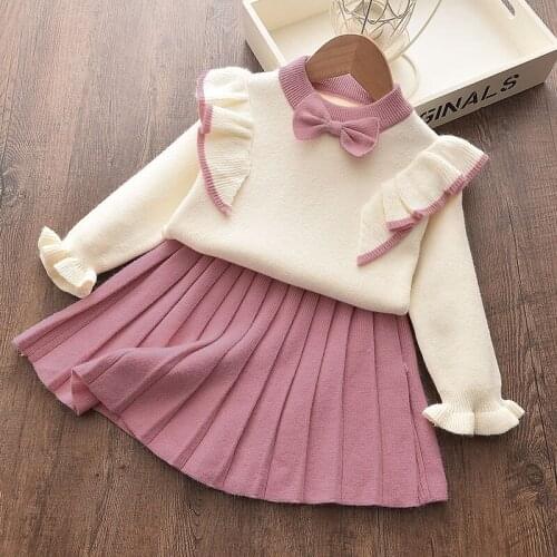 PatPat 2021 New Arrival Spring 2-piece Baby Gril Bowknot Flounced Knitted Top and Pleated Skirt Set for Toddler Clothes