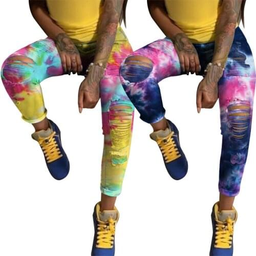 Casual Ripped Slim Jeans Hollow Out Tie-Dye Printed Denim Pants Fashion High-Waist Trousers Skinny Distressed Femme Streetwear