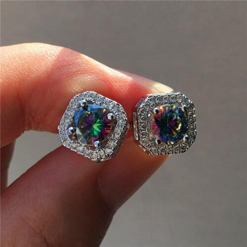 Luxury Female Rainbow Crystal Stud Earrings Charm Silver Color Wedding Earrings For Women Classic Bride Square Zircon Earrings