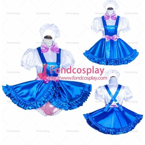 French Sissy Maid Lockable blue satin Dress Uniform Cosplay Costume Tailor-made[G4032]