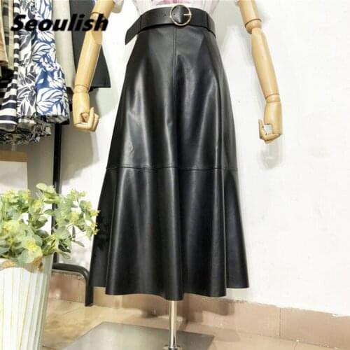 Seoulish 2021 New Faux PU Leather Mi-long Skirt with Belted High Waist Vintage A-line Skirt Chic Umbrella A-Line Skirts Ladies