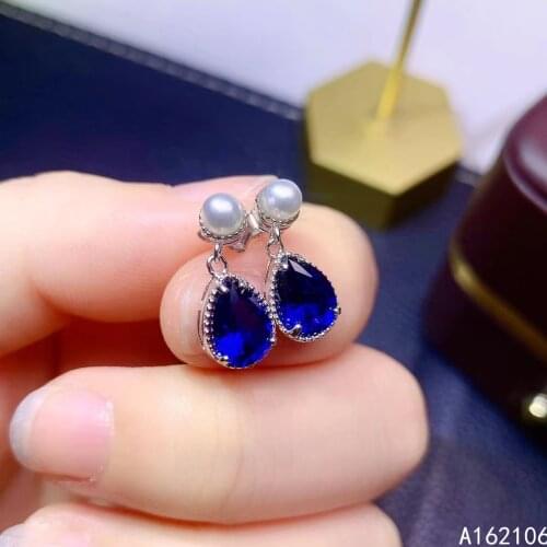 Fine Jewelry 925 Pure Silver Chinese Style Natural Sapphire Girl Luxury Noble Pearl Water Drop Gem Earrings Ear Stud Support Det