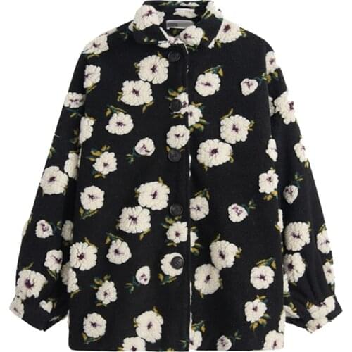 PERHAPS U Women Sweater Stand Collar Long Sleeve Casual Loose Floral White Black Cardigan M0308