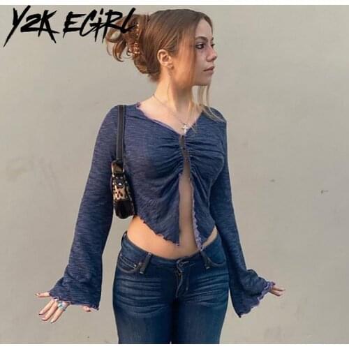 Y2K EGIRL Fairycore Y2K Streetwear V-neck Flare Sleeve T-shirts Vintage E-girl Sexy Button Up Slit Crop Top Hollow Out Green Tee