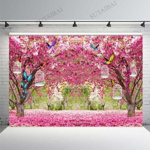 Cherry Blossoms Tree Pink Flower Butterfly Birdcage Backdrops High Quality Computer Print Wedding Background Decorations Poster