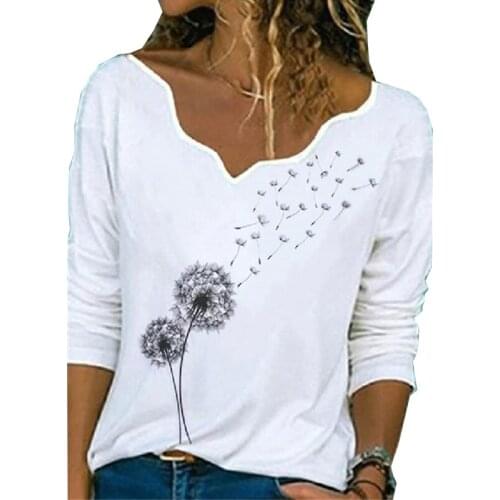 Fashion Dandelion Printed Women Tshirt Casual V Neck Long Sleeve Tee Shirt Tops 2021 New Spring Streetwear Ladies Tops Plus Size