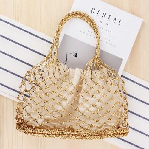 Ladies Hollow Straw Bag Golden Silvery Wire Checkered Women Tote Bags Crochet Beach Holiday Handbags Square Woven
