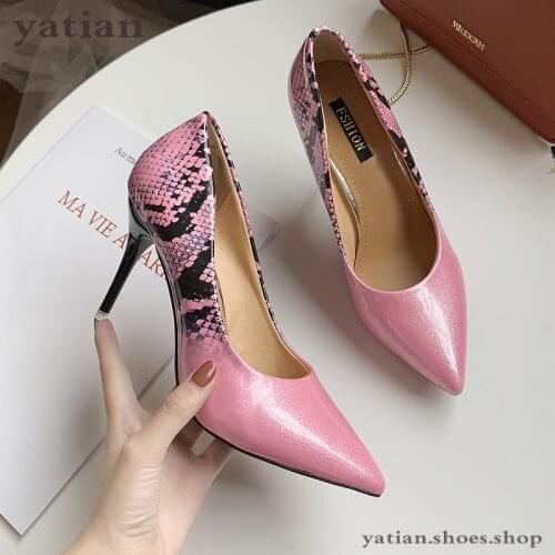 9cm high heels women beige pumps thin heel snake print sexy party prom shoes woman 2021 fashion sliver pink stilettos B05-172