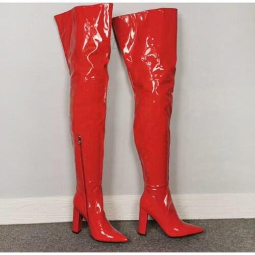 SEIIHEM Women Croth High Boots Pointed Toe Chunky High Heels Side Zip Shiny Red Black Thigh High Shoes Woman Big Size 40 42 47