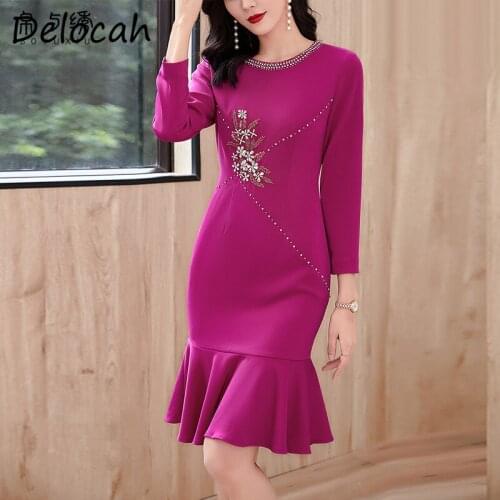 Delocah New 2021 Autumn Women Fashion Designer Party Mermaid Dress Long Sleeve Gorgeous Crystal Beading Elegant Midi Dresses