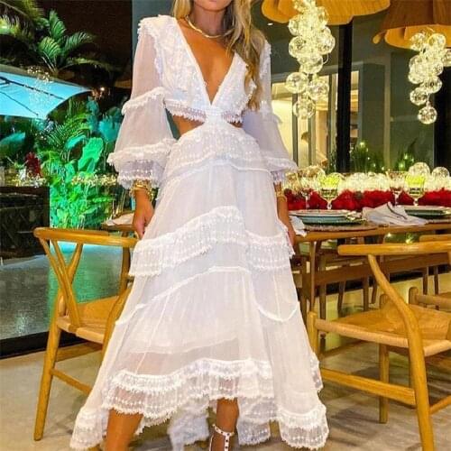 Women Sexy Lace V-neck Hollow Dress Elegant Mesh See-through Solid Color Long Sleeve Slim Multi-layered Midi Dress Party Clothes