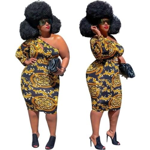 Vintage Retro Dress Plus Size 4XL 3XL Women One Shoulder Skinny Bodycon Boho Printed Club Birthday Dresses Outfits Vestidos