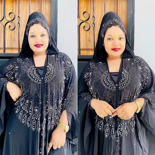 African Dresses for Women Plus Size Dashiki Diamond Beads African Clothes Abaya Dubai Muslim Chiffon Hooded Dress Robe