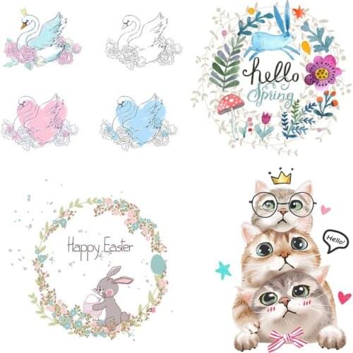 Flower Rabbit Cute Kawaii Cat Iron on Patches For DIY Heat Transfer Clothes T-shirt Thermal transfer stickers Decor Printing