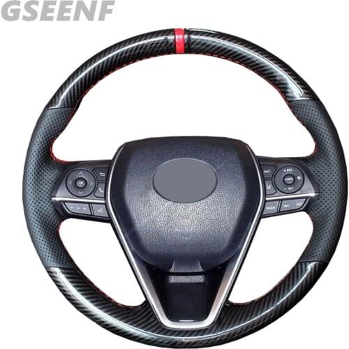 Car Steering Wheel Cover For Toyota Corolla RAV4 Avalon 2019-2020 Camry 2018-2020 Black Hand-stitched Soft Carbon fiber leather