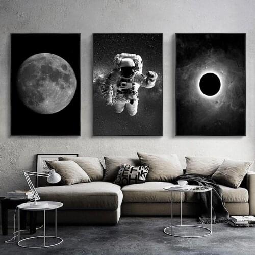 Home Decor Canvas Painting Black and White Astronaut and Moon Poster and Prints Space Wall Art Pictures for Living Room Decor
