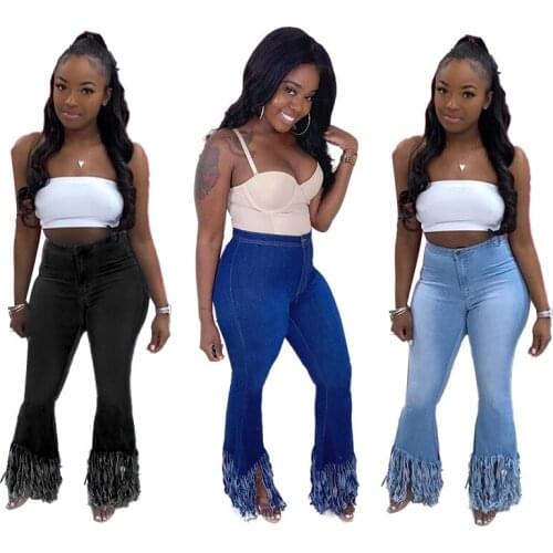Fashion Tassel Long Pants Flare Pants Skinny High Waist Jeans Summer Jeans For Women Vestidos Solid 3 Color