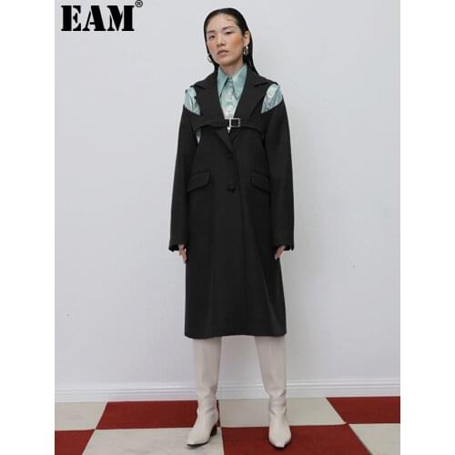 [EAM] Loose Fit Black Brief Hollow Out Long Woolen Coat Parkas New Long Sleeve Women Fashion Tide Spring Autumn 2021 19A-a410