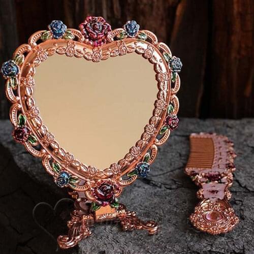 European Vintage Heart Shape Hand Mirror Makeup Mirror Frame Pocket Mirror For Girl Gift