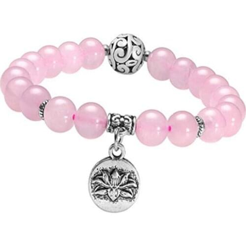 FYJS Unique Female Anniversary Gift Silver Plated Lotus Blossom Connect 8 mm Round Beads Natural Rose Pink Quartz Bracelet