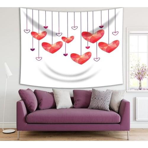 Tapestry Hanging Hearts with Geometric Shapes Fun Party Decoration Romantic Artwork Red Purple