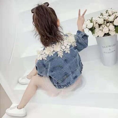 2021 Spring Autumn Fashion Kids Denim Jacket for Girls Baby Lace Embroidery Coats Fashion Child Kids Outerwear Jeans Jackets W71