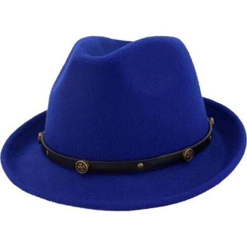 Men Women Roll Brim Jazz Woolen Felt Fedoras Hat with Leather Belt Unisex Vintage Formal Party Trilby Hats 6 Colors GH-472