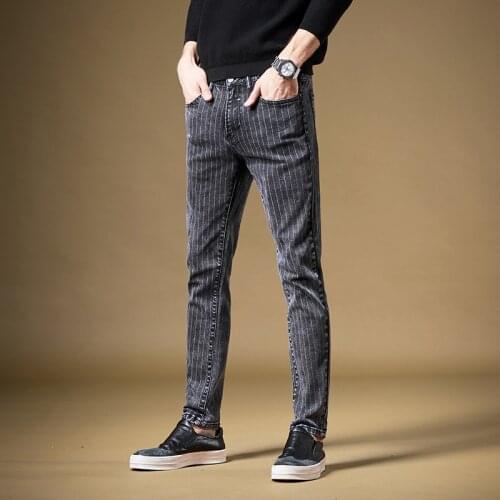 Free Shipping 2019 New mens male denim pants jeans Gray Striped Tide Brand Korean Slim Trend Casual Autumn trousers
