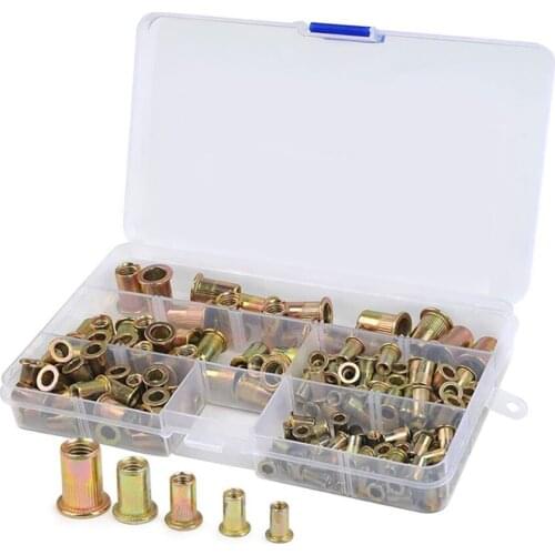 170Pcs/set Rivet Nuts Kit With Box, Plated Carbon Steel Rivet Nut Cap Set, M3 M4 M5 M6 M8 M10 M12 Flat Head Threaded Insert Nut