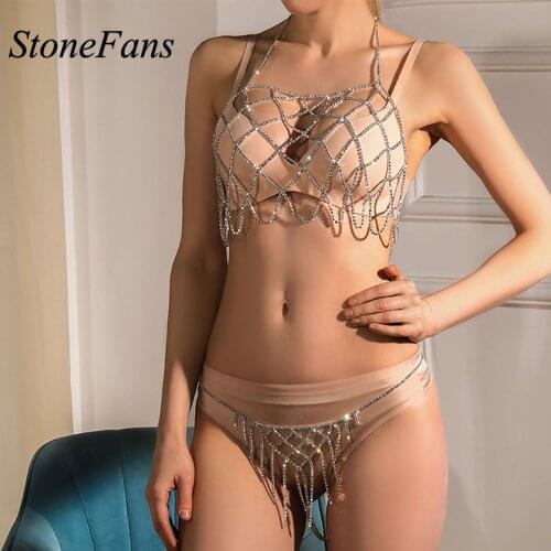 Stonefans New Sexy Lingerie Chain Rhinestone Mesh Net Bra Bikini and Thong Underwear Chain Crystal Body Chain Set Luxury Jewelry